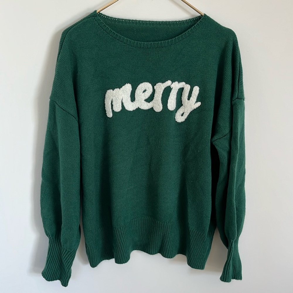 Holiday sweater “Merry” in emerald green size L bubble sleeves - Picture 1 of 6